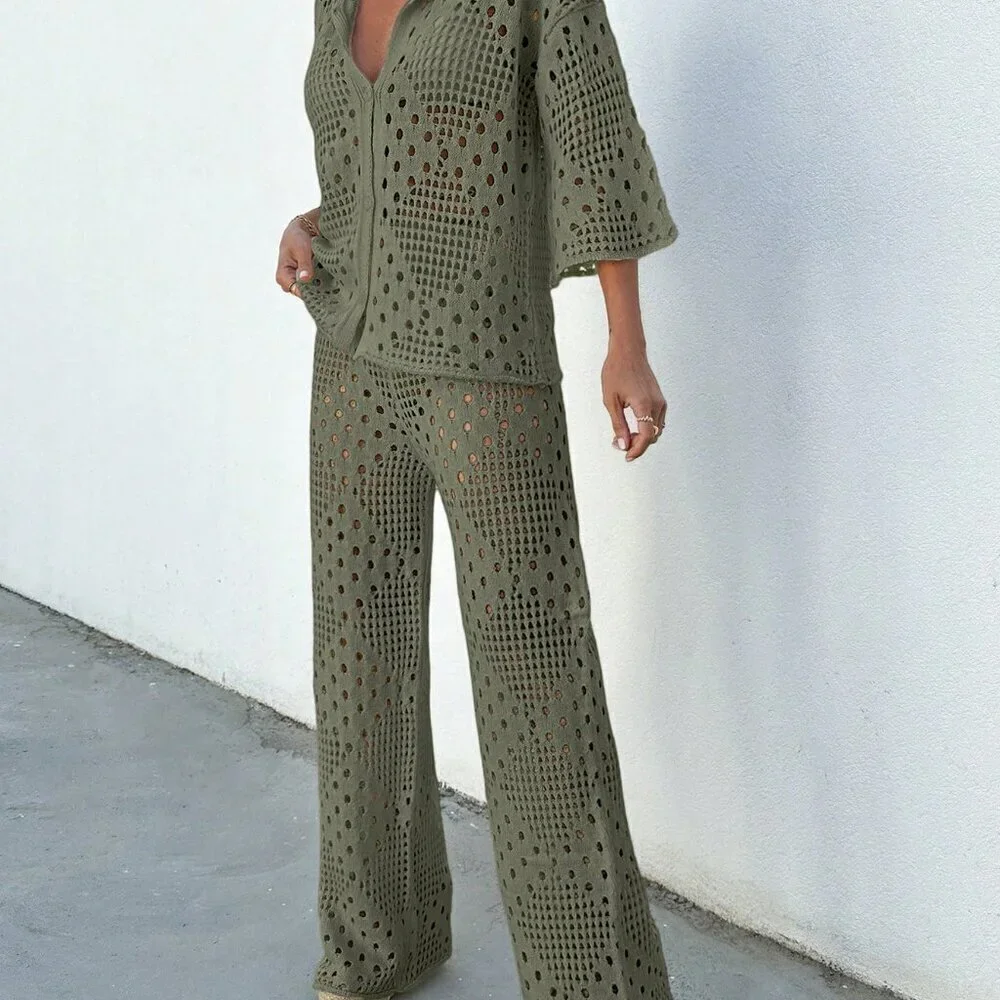 Olive Green Women's Set Rhombus Crochet Loose Batwing Cover Up And Loose Pants
